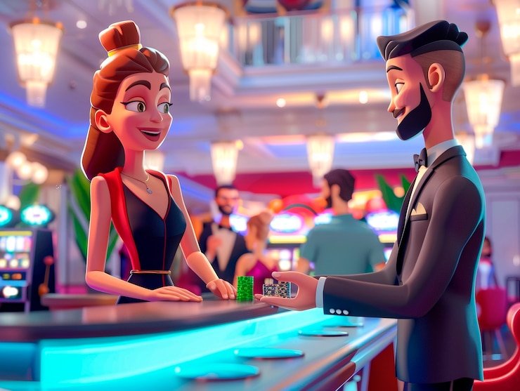 Live Caribbean Stud Poker dealer with five player seats visible around the table, HD camera angle showing all cards